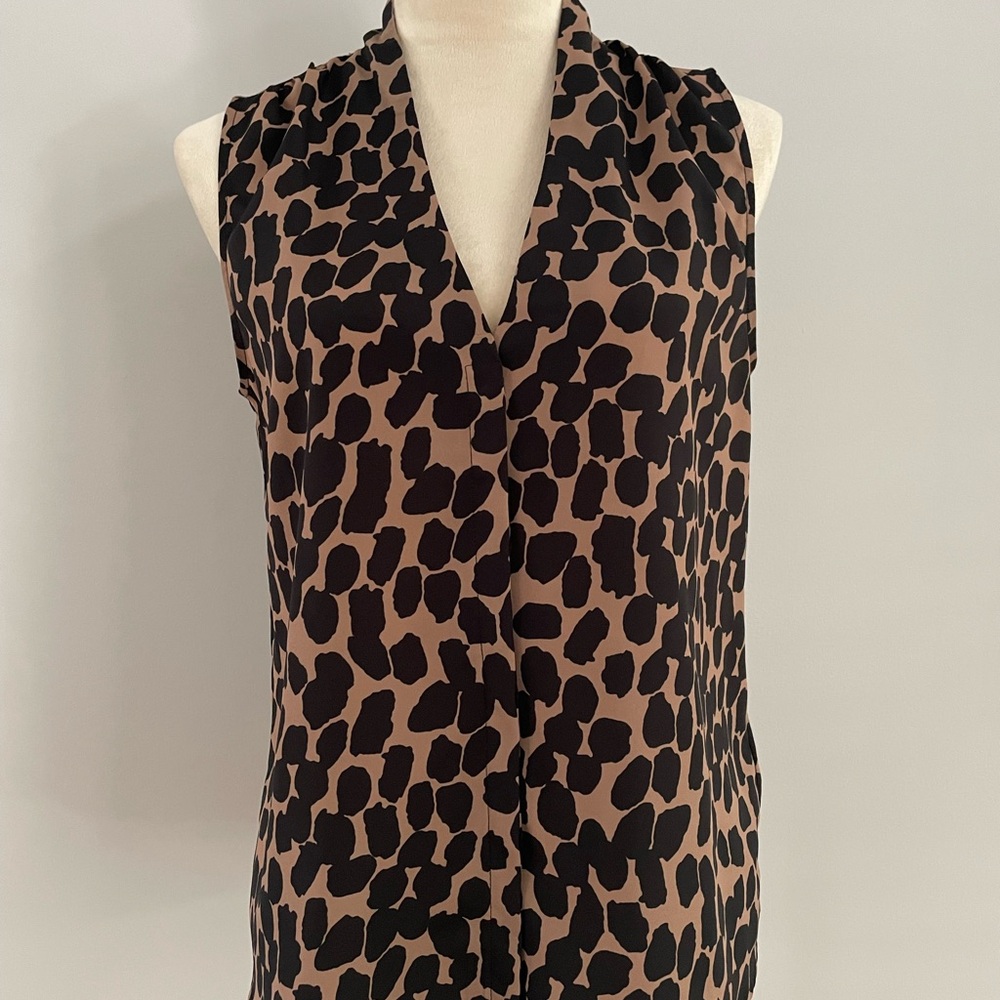 Ecru Black and Brown Sleeveless Blouse with Notched Collar